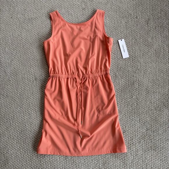 Calvin Klein Drawstring Shift Dress Sz 8 Sleeveless Coral Orange Pockets NEW - Picture 1 of 5